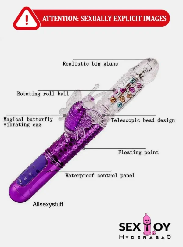 Rechargeable Butterfly Rabbit Vibrator with rotating and thrusting features in purple .