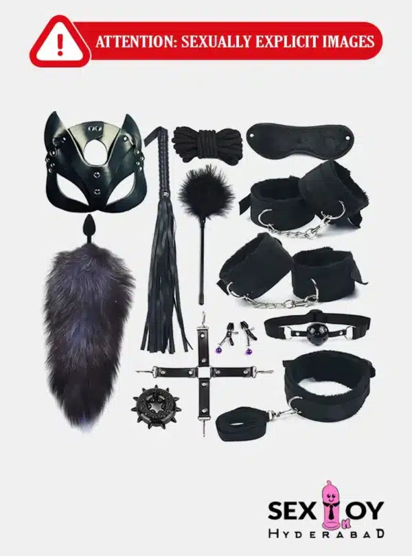 13-Piece BDSM Bondage Set laid out, featuring various accessories for adult fetish play.