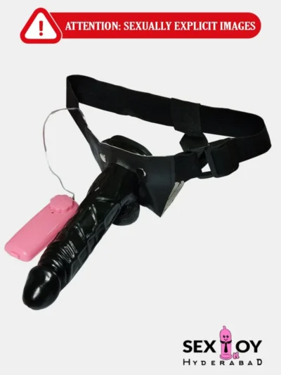 Buzzing Pleasure: Exciting Vibrating Black Strap On Hollow Dildo