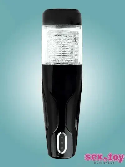 A picture of the Automatic Rotating Masturbator kept on a clean table, showing its full shape and buttons.
