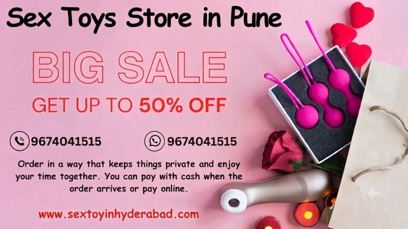 Promotional banner for an online store offering Sex Toys in Pune with up to 50% off and secure contact numbers.