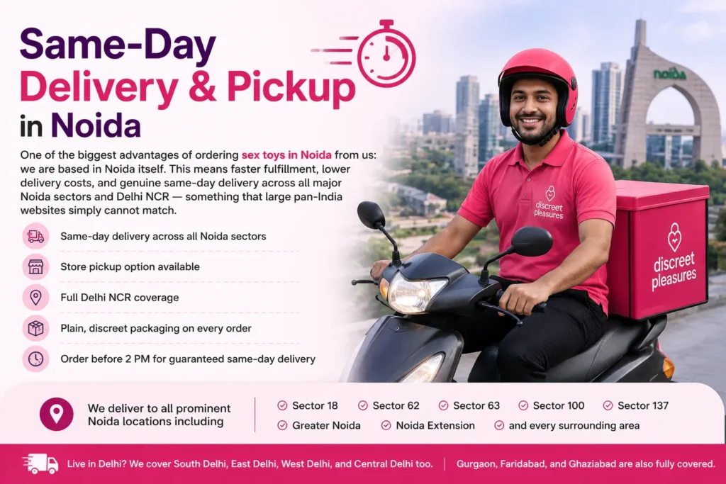 Same-day delivery and pickup in Noida banner with delivery rider, fast service highlights, and full Delhi NCR coverage details.