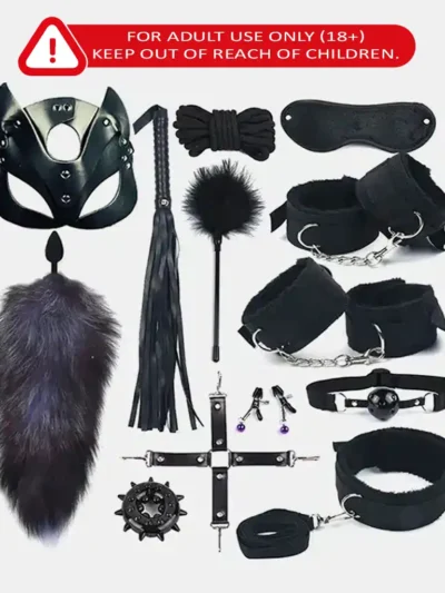 13-Piece BDSM Bondage Set laid out, featuring various accessories for adult fetish play.