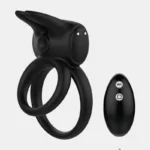 Rabbit Double Cock Ring Vibrator with remote control, showcasing its design and features.