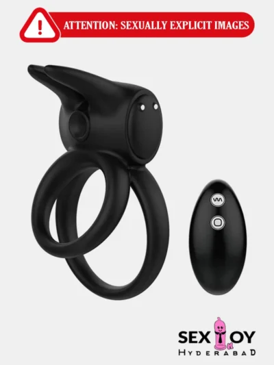Rabbit Double Cock Ring Vibrator with remote control, showcasing its design and features.