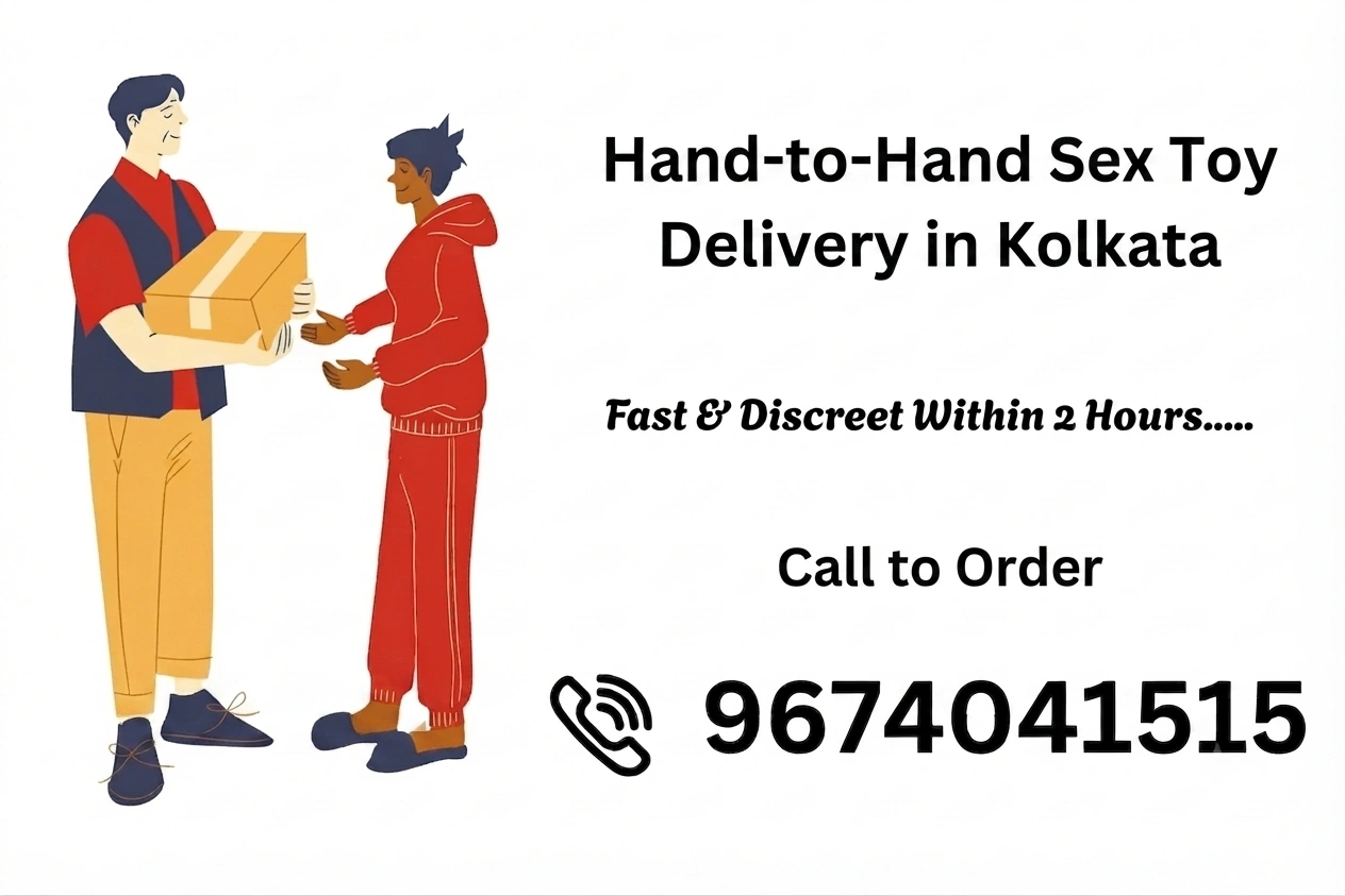 A drawing showing a delivery man giving a box to a person. It is an ad for sending special adult items to your home quickly in Kolkata. It says fast and secret delivery in 2 hours. You can call 9674041515 to order.