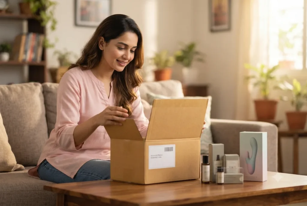 A smiling Indian woman unboxes a discreet package in her living room, highlighting a safe and comfortable experience with sex toys online shopping.