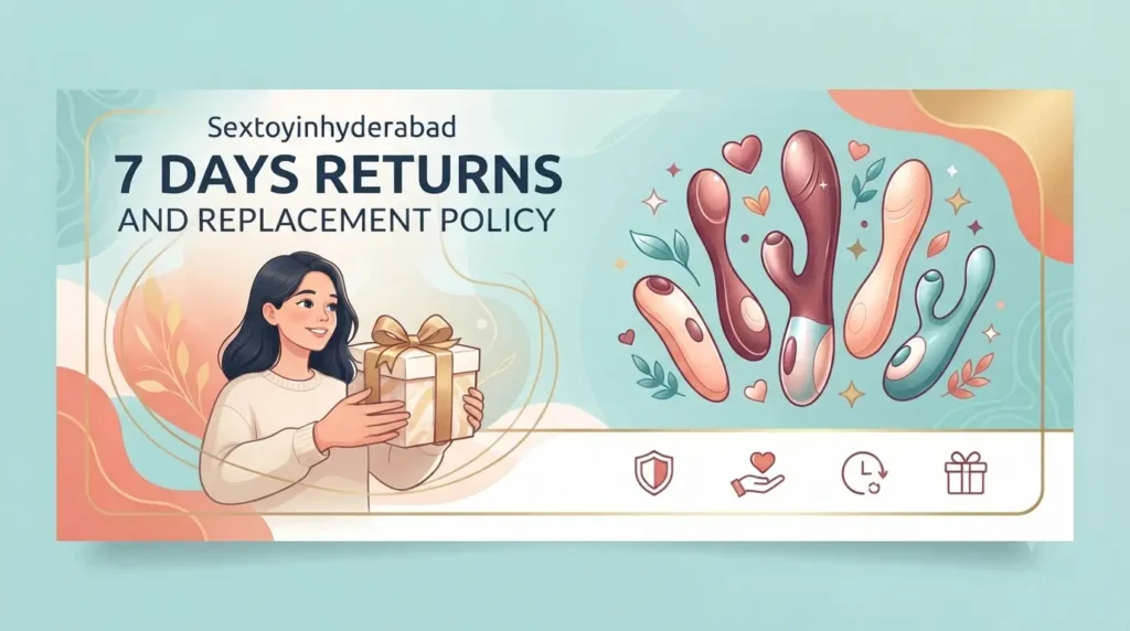 Sextoyinhyderabad banner featuring a smiling woman holding a gift box, surrounded by stylized intimate wellness products in rose gold and teal, with return and replacement policy icons below.
