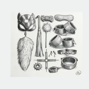 Premium BDSM accessories set featuring a mask, cuffs, feather tickler, whip, ball gag, and other adult bondage essentials.