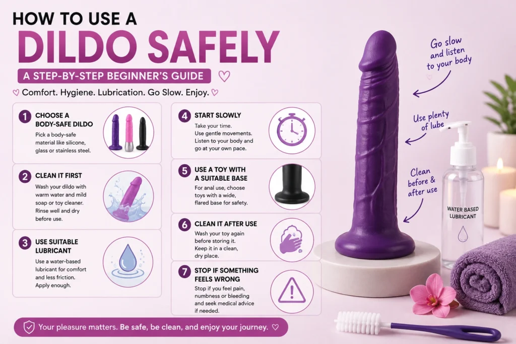 How to use a dildo safely with proper hygiene and lubrication.