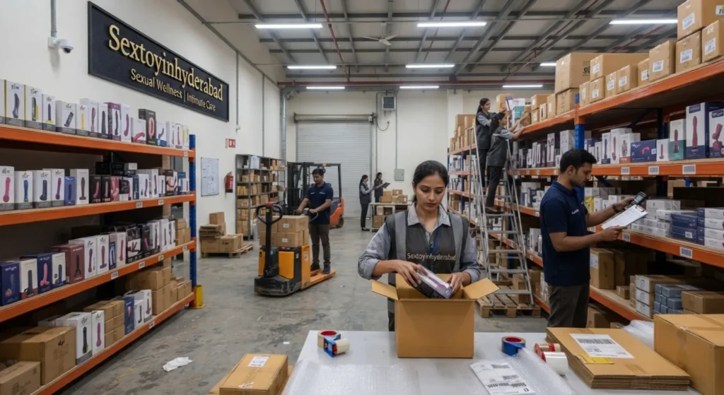 Inside the organized Sextoyinhyderabad warehouse, employees in branded vests actively pack and stock intimate wellness products on tall industrial shelves. A large company sign is visible on the back wall, representing the team you can read about on our 'About Us' page.