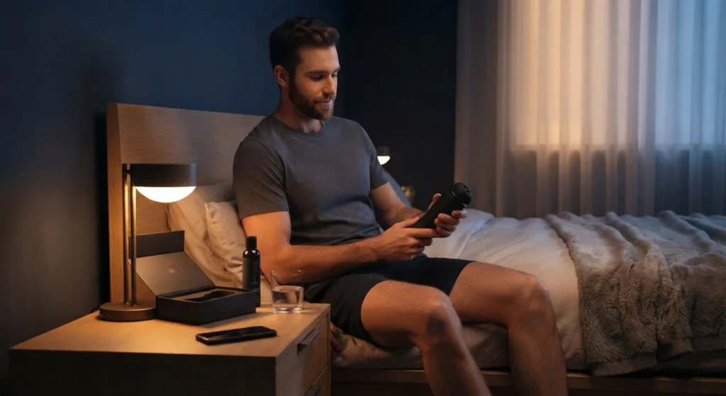 A man sitting comfortably on a bed in a dimly lit room, holding a wellness product and preparing for a relaxing full night sex solo session.