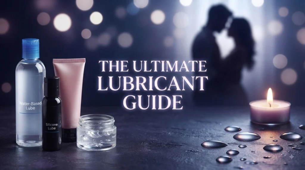 Water-based and silicone lubricant bottles on a table with romantic lighting for a guide on choosing the best lubricant.